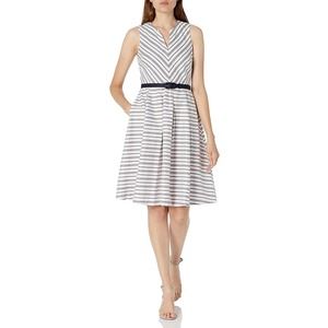 Karl Lagerfeld Paris Women's Fit and Flare Belted Dress White/Blue Size 6